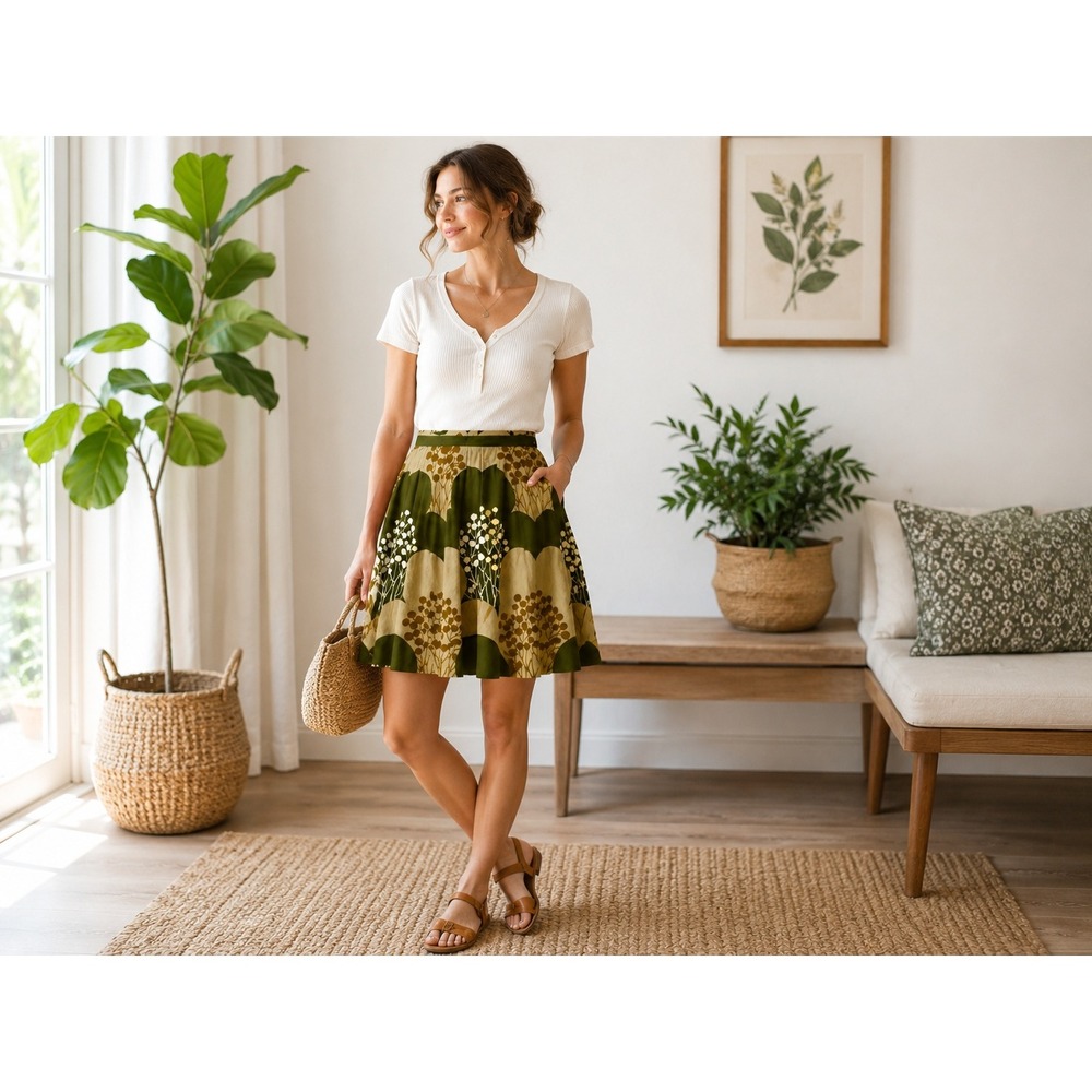 IPSA A-Line Mini Skirt Womens 0 Olive Floral Retro Mod Cottagecore Botanical